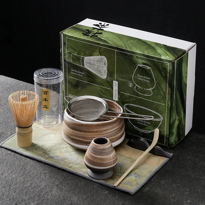 Perfecsy 4pc Japanese matcha set: bamboo whisk, chashaku scoop, matcha bowl, sieve, brush on Tampa Home & Garden Store