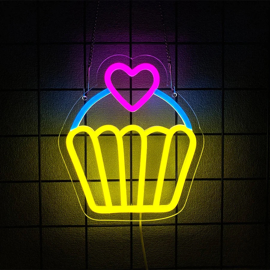 Dessert Series LED Neon Sign cupcake wall decor Perfecsy with yellow cupcake blue arc pink heart on Tampa Home & Garden Store