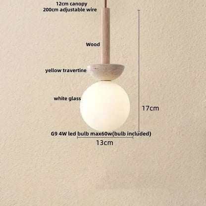 DecorBites LED pendant lamp black iron with yellow travertine and white glass globe on Tampa Home & Garden Store