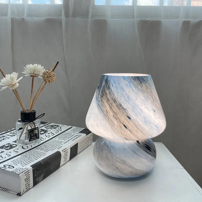 Medieval style handmade glass mushroom table lamp with blue white marbled finish, bedroom accent on Tampa Home & Garden Store
