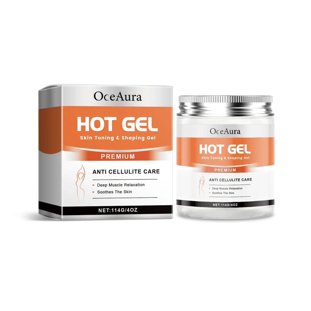 Hot Gel skin toning & shaping gel set in orange packaging with a box and a jar by OceAura on Tampa Home & Garden Store