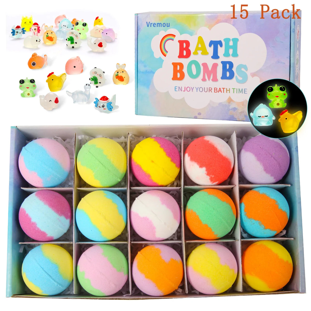 Kids bath bombs set by Silcy Skin, 15-pack with rainbow swirls and surprise toys on Tampa Home & Garden Store