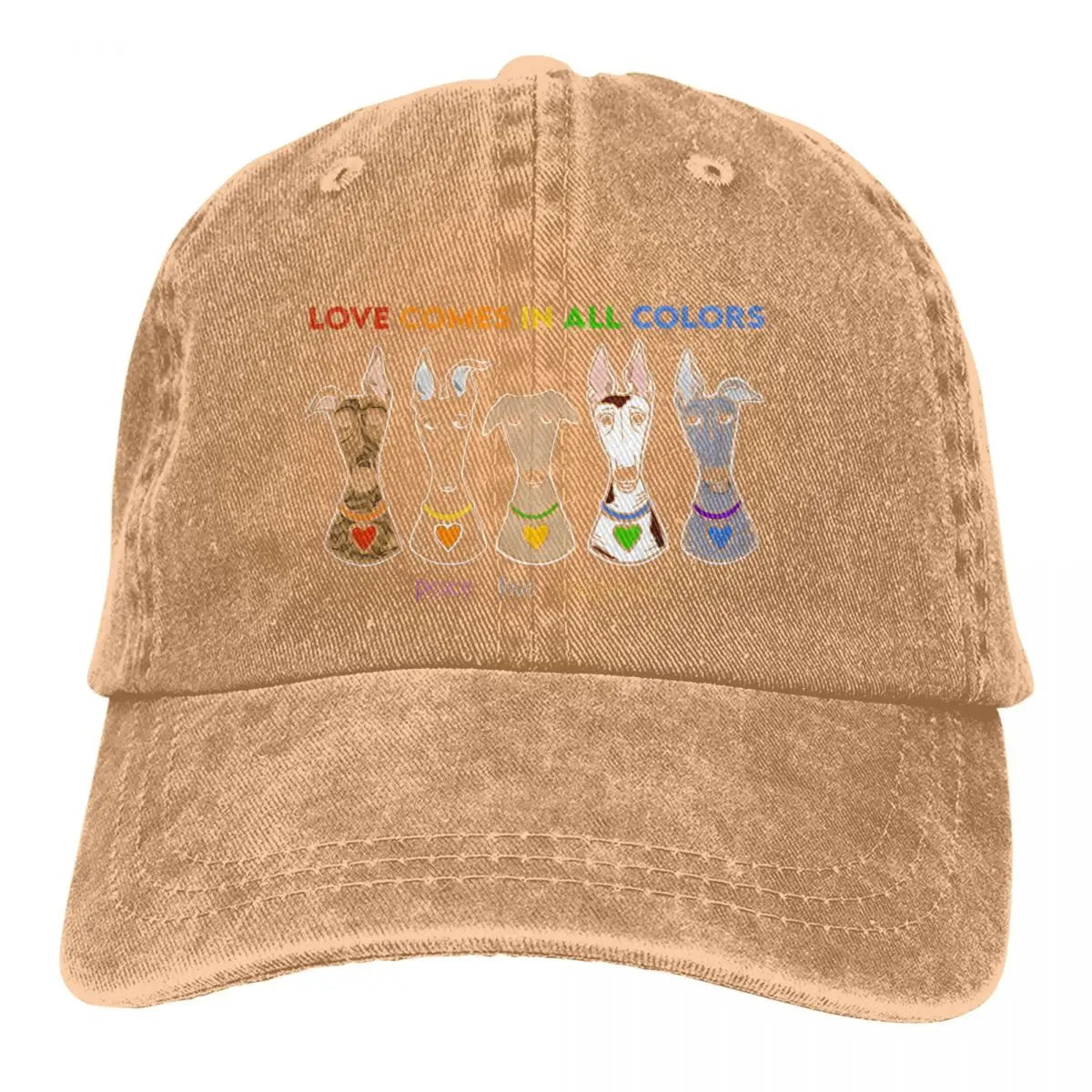 Peace Love Caps beige distressed cotton cap with rainbow text and five dog silhouettes by BikerZoneZ on Tampa Home & Garden Store
