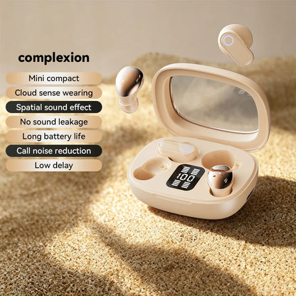2-in-1 true wireless earphones with beige charging case and digital display on sand on Tampa Home & Garden Store