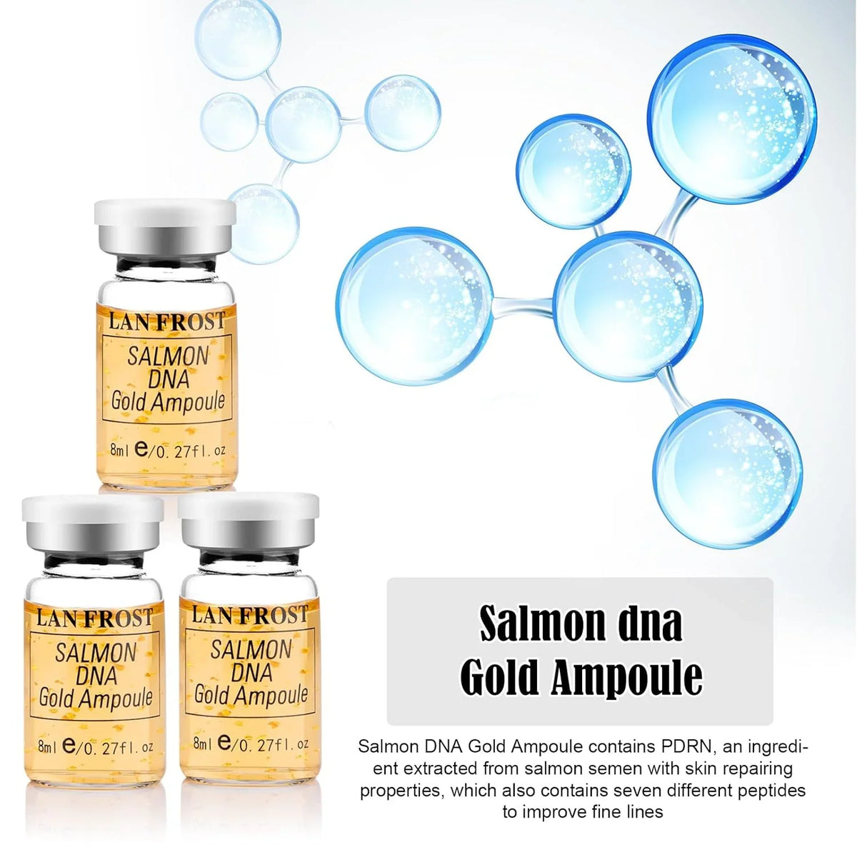 LANFROST Salmon DNA Gold Ampoule 8ml kit with three vials, blue molecular background on Tampa Home & Garden Store