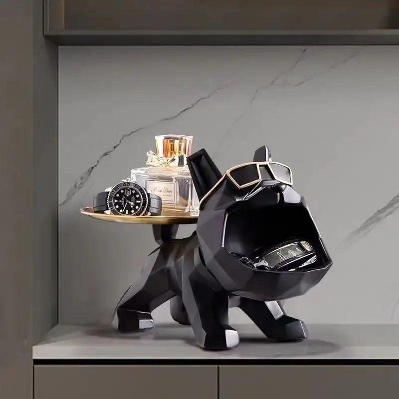 Black resin bulldog decor statue with a gold-toned tray on Tampa Home & Garden Store