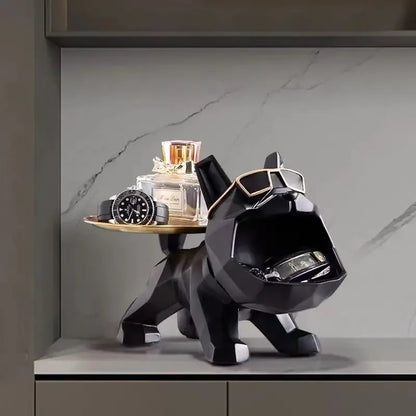 Black resin bulldog decor statue with a gold-toned tray on Tampa Home & Garden Store