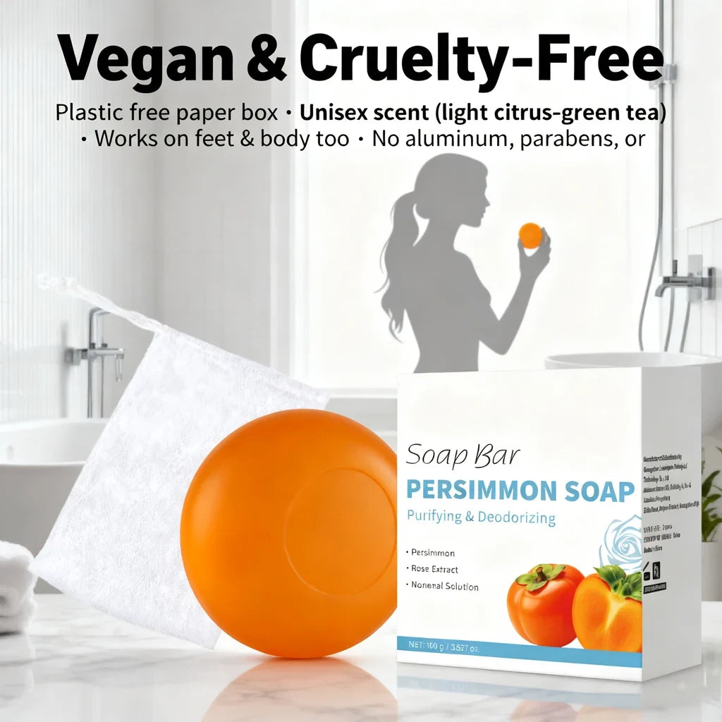 Persimmon Soap Bar by Silcy Skin; orange circular soap beside a Persimmon Soap box on Tampa Home & Garden Store