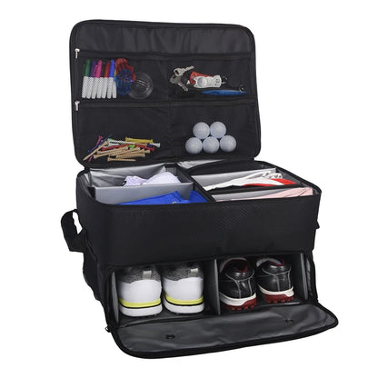 Golf Trunk Organizer - Waterproof Car Storage Box by EstaliosFit, black fabric vehicle organizer with mesh pockets and shoe slots on Tampa Home & Garden Store