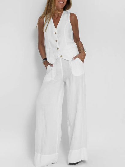 Women's sleeveless vest and pants set white with button-front on Tampa Home & Garden Store