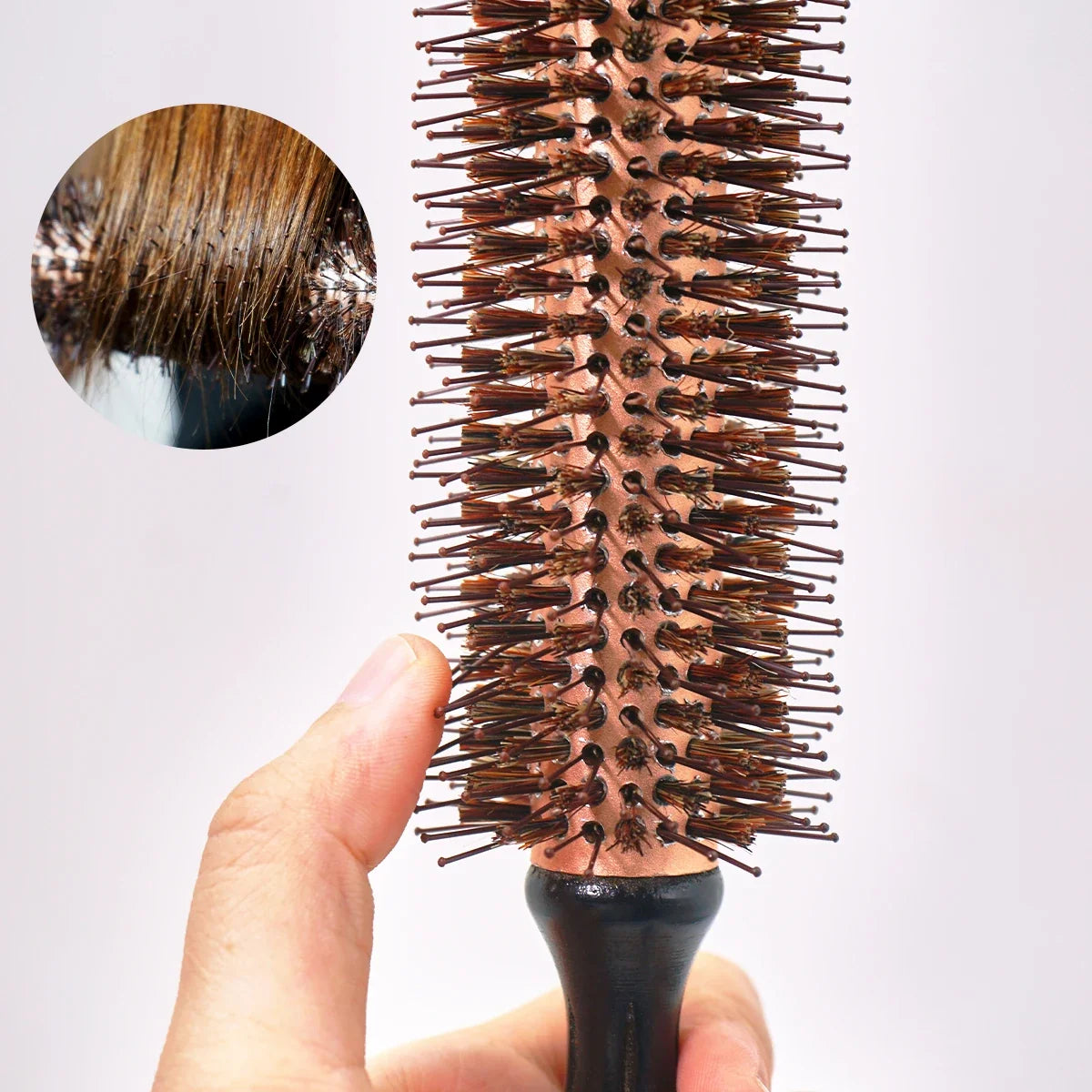 Wood-handle round brush with brown boar bristles for anti-static styling Silcy Skin on Tampa Home & Garden Store