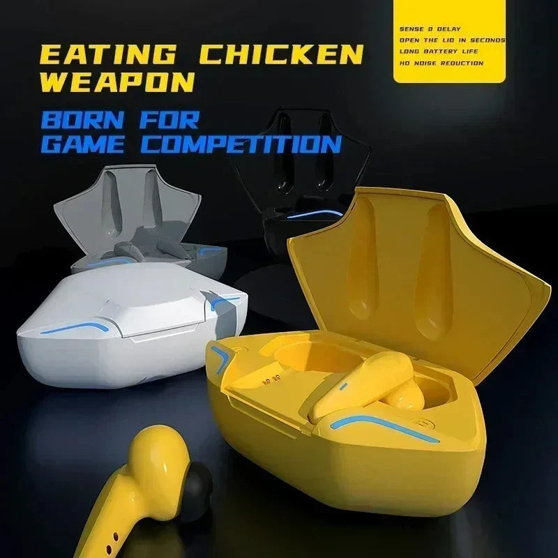 Yellow wireless Bluetooth gaming earbuds in a case with blue accents; black and white cases on Tampa Home & Garden Store