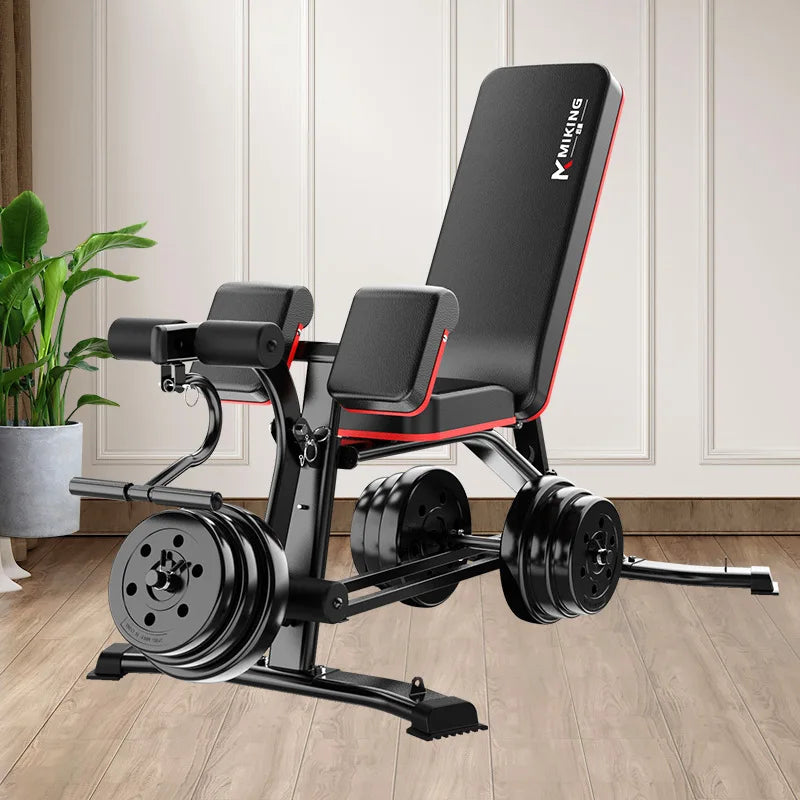 Multi-Function Weightlifting Bench-Black/red adjustable incline with leg extension and plate rack on Tampa Home & Garden Store