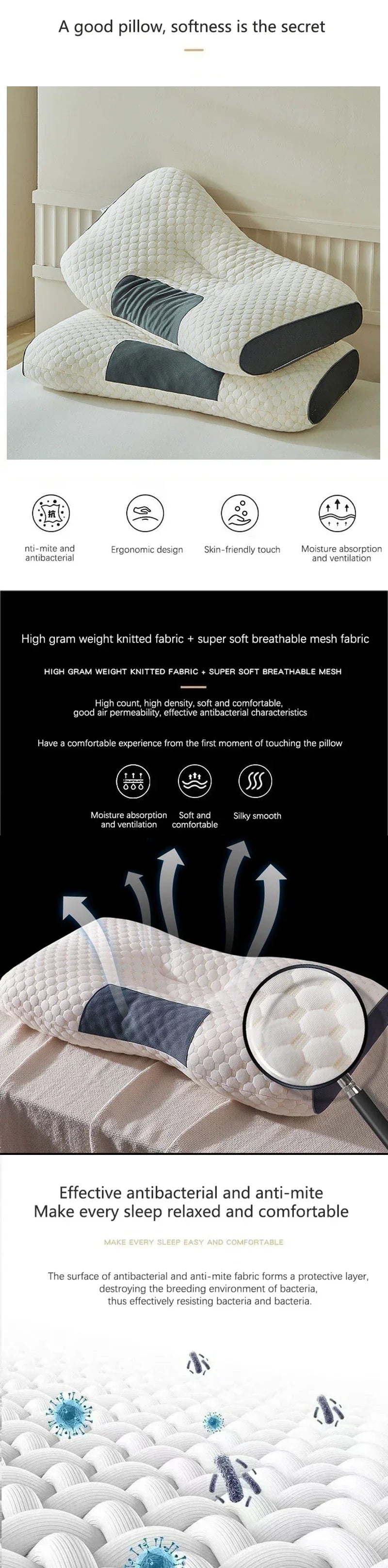 Cervical neck pillow, memory foam, UpTrend Deals, cream fabric with dark gray ends, 2pc on Tampa Home & Garden Store