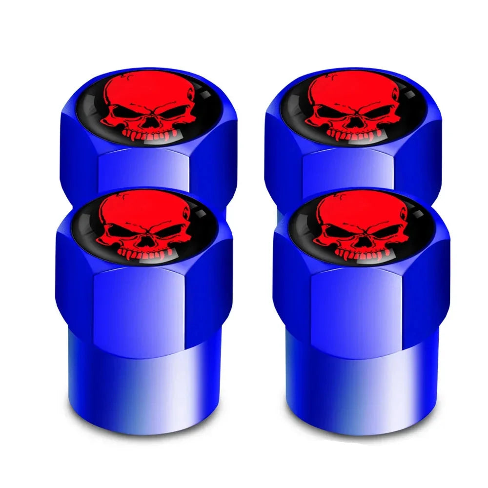 Valve stem caps 4Pcs set blue with red skull logo by BikerZoneZ for auto tire accessories on Tampa Home & Garden Store