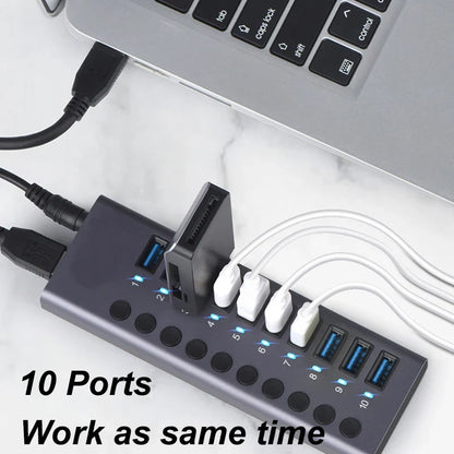 UpTrend Deals 10-port USB 3.0 hub docking station with 60W power and blue LED indicators on Tampa Home & Garden Store