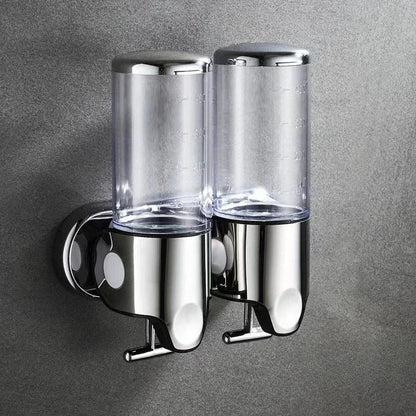 Chrome wall-mounted dual-tube bathroom dispenser with clear 500–1500ml reservoirs on Tampa Home & Garden Store
