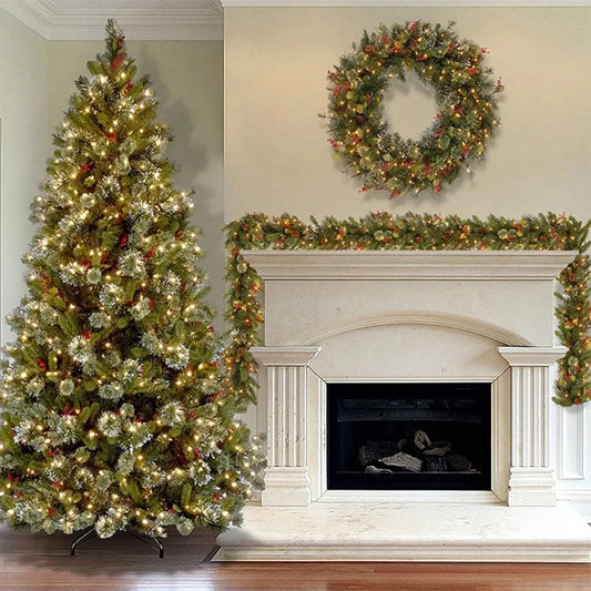 Perfecsy Christmas garland set with red berries and greenery, plus wreath and lit tree on Tampa Home & Garden Store