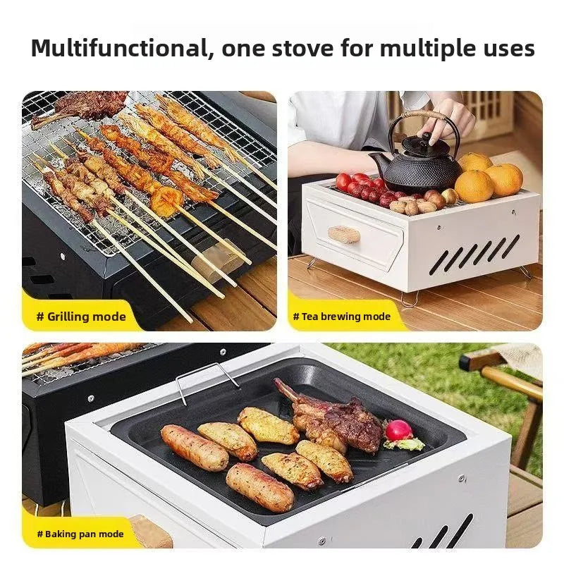 FLIPSTYLEZLLC white portable Camping BBQ Grill with three modes: grill, tea brew, bake pan on Tampa Home & Garden Store