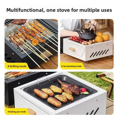FLIPSTYLEZLLC white portable Camping BBQ Grill with three modes: grill, tea brew, bake pan on Tampa Home & Garden Store