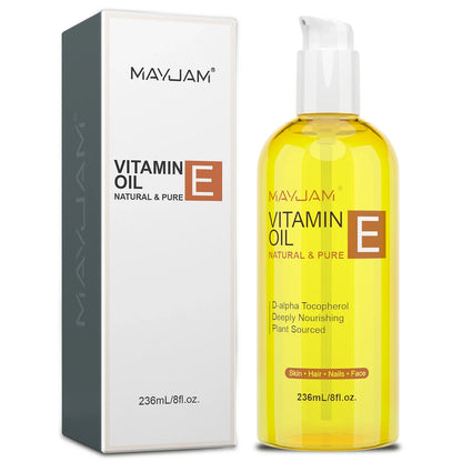 MAYJAM Vitamin E Oil bottle with yellow liquid and white pump, 236ml skincare oil on Tampa Home & Garden Store