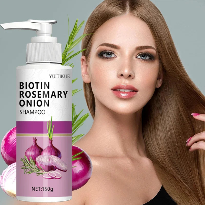 Biotin Rosemary Onion Shampoo bottle, white with purple label, onion rosemary artwork on Tampa Home & Garden Store