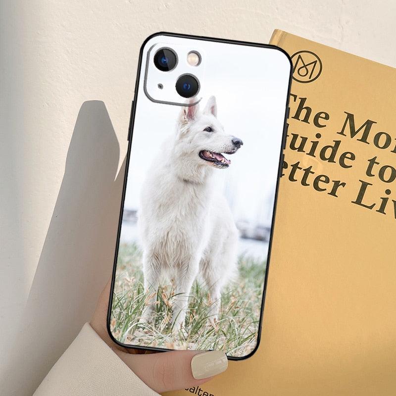 Cartoon German Shepherd iPhone case with white dog print and black bumper by Stevvex on Tampa Home & Garden Store