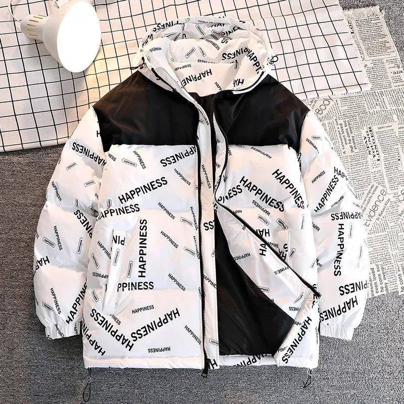 Men Winter Parka white cotton-padded hooded coat with HAPPINESS print UpTrend Deals on Tampa Home & Garden Store