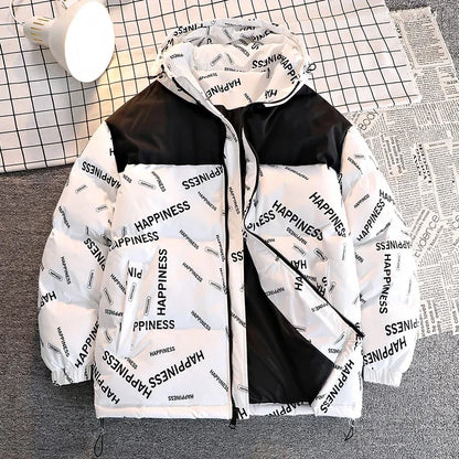 Men Winter Parka white cotton-padded hooded coat with HAPPINESS print UpTrend Deals on Tampa Home & Garden Store