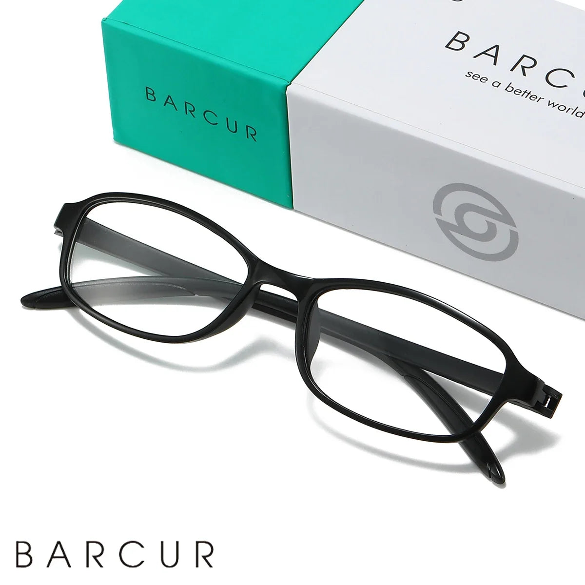 BARCUR eyeglasses with black plastic frame and transparent lenses, hinge-spliced temples on Tampa Home & Garden Store