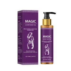Silcy Skin Magic Luxury Body Oil bottle with purple box and gold pump on Tampa Home & Garden Store