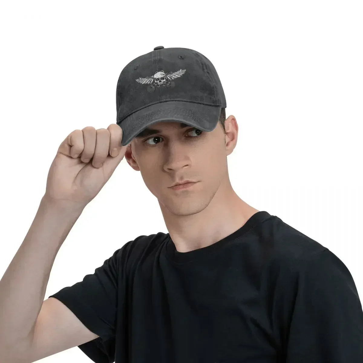 Guitar Rock Skull Wing Baseball Cap by BikerZoneZ, gray canvas with skull wings graphic on Tampa Home & Garden Store