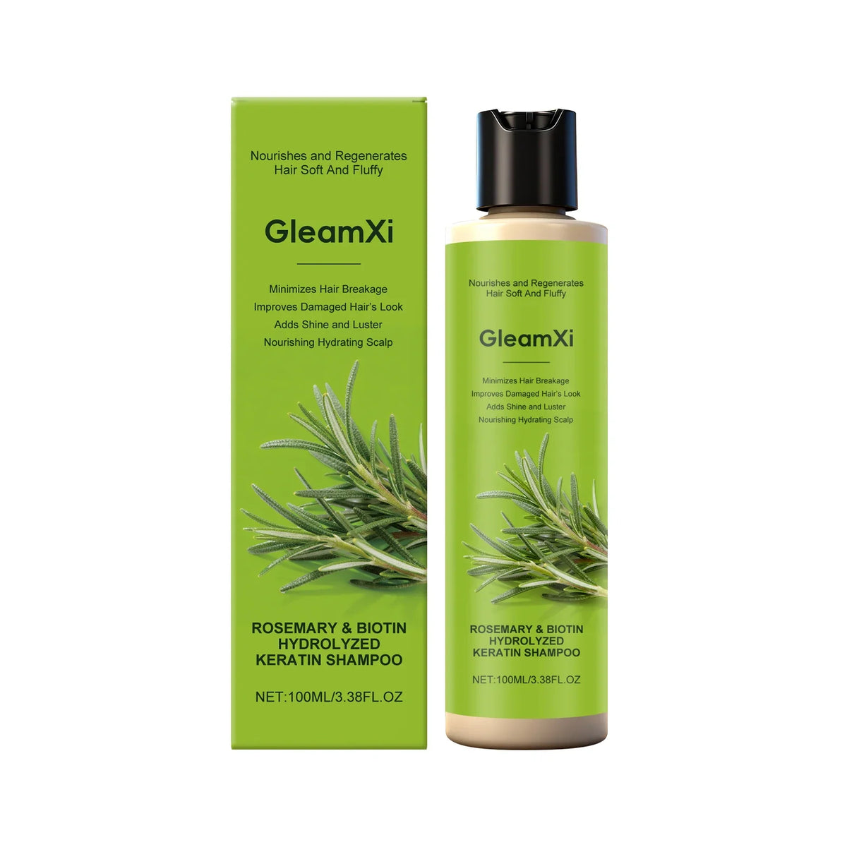 GleamXi rosemary biotin shampoo box and bottle with green packaging and rosemary sprigs on Tampa Home & Garden Store