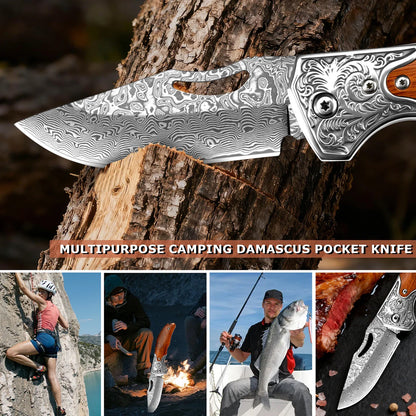 67 Layer Damascus Folding Knife with Wood Handle