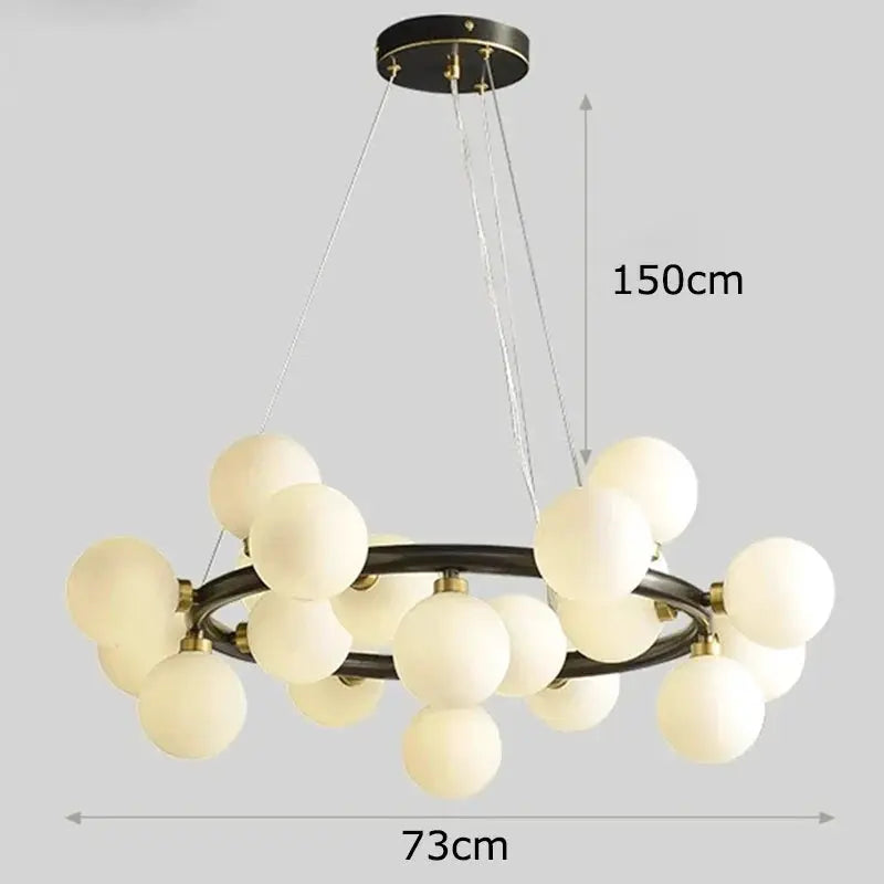 DecorBites LED pendant chandelier with frosted globe bulbs on circular brass ring 73cm wide on Tampa Home & Garden Store