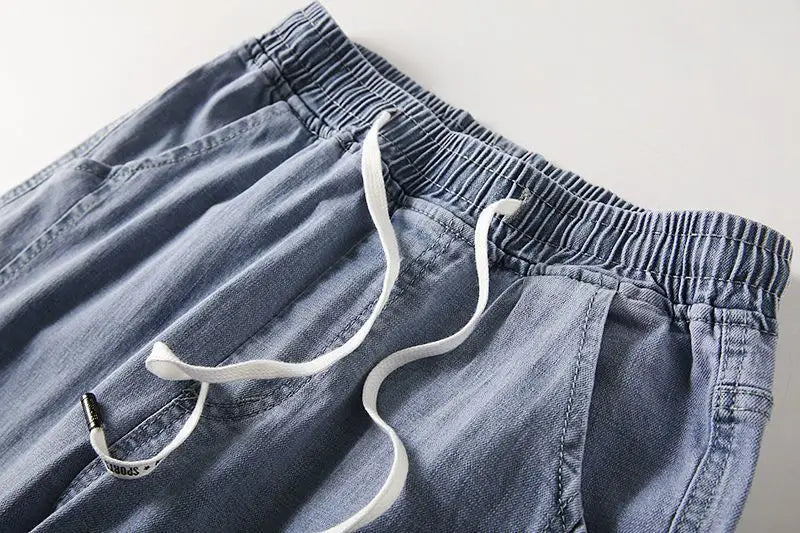 Men Wide Leg Jeans baggy vintage Korean streetwear blue denim with elastic drawstring waist on Tampa Home & Garden Store