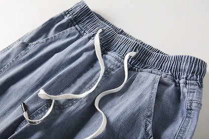 Men Wide Leg Jeans baggy vintage Korean streetwear blue denim with elastic drawstring waist on Tampa Home & Garden Store