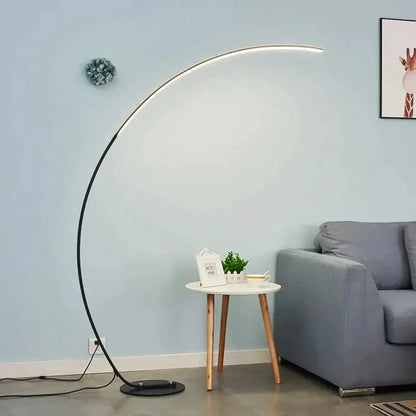 DecorBites LED Art Floor Lamp curved arc with dimmable RGB remote, black base in lounge on Tampa Home & Garden Store