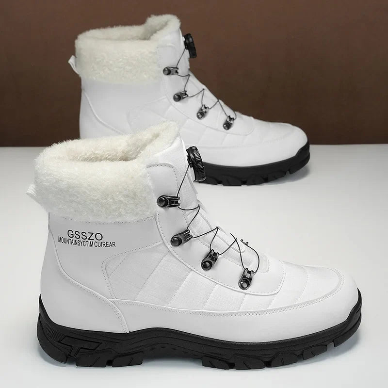 Pair of white mens winter snow boots by UpTrend Deals with faux fur lining and rugged black outsole on Tampa Home & Garden Store