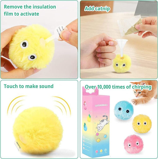 Fluffy cat ball toy by Stevvex, set of 4 yellow blue pink plush balls with chirp sounds on Tampa Home & Garden Store