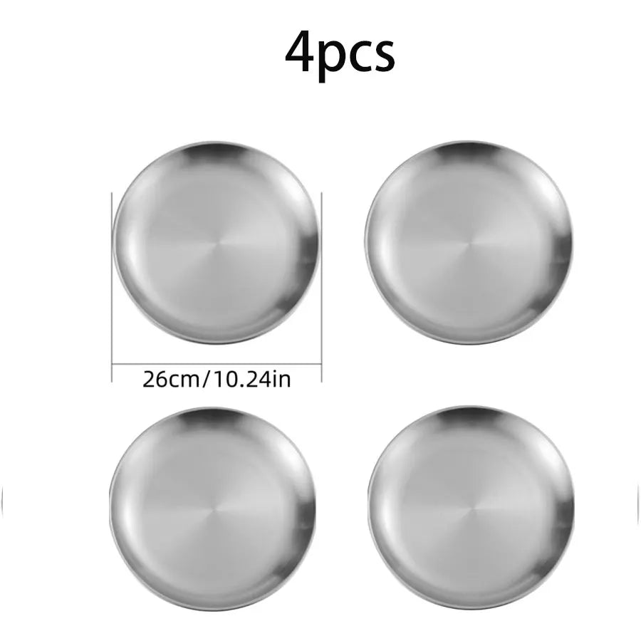 4pc set of stainless steel round plates, 26cm each, silver trays for Korean grilling on Tampa Home & Garden Store