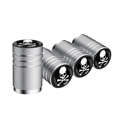 4pc skull valve stem caps set, silver knurled metal caps with black skull emblem on Tampa Home & Garden Store