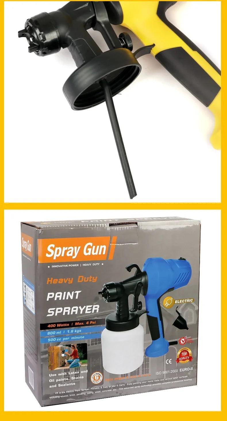 Portable electric paint sprayer handheld gun with yellow and black grip, shown with its box on Tampa Home & Garden Store