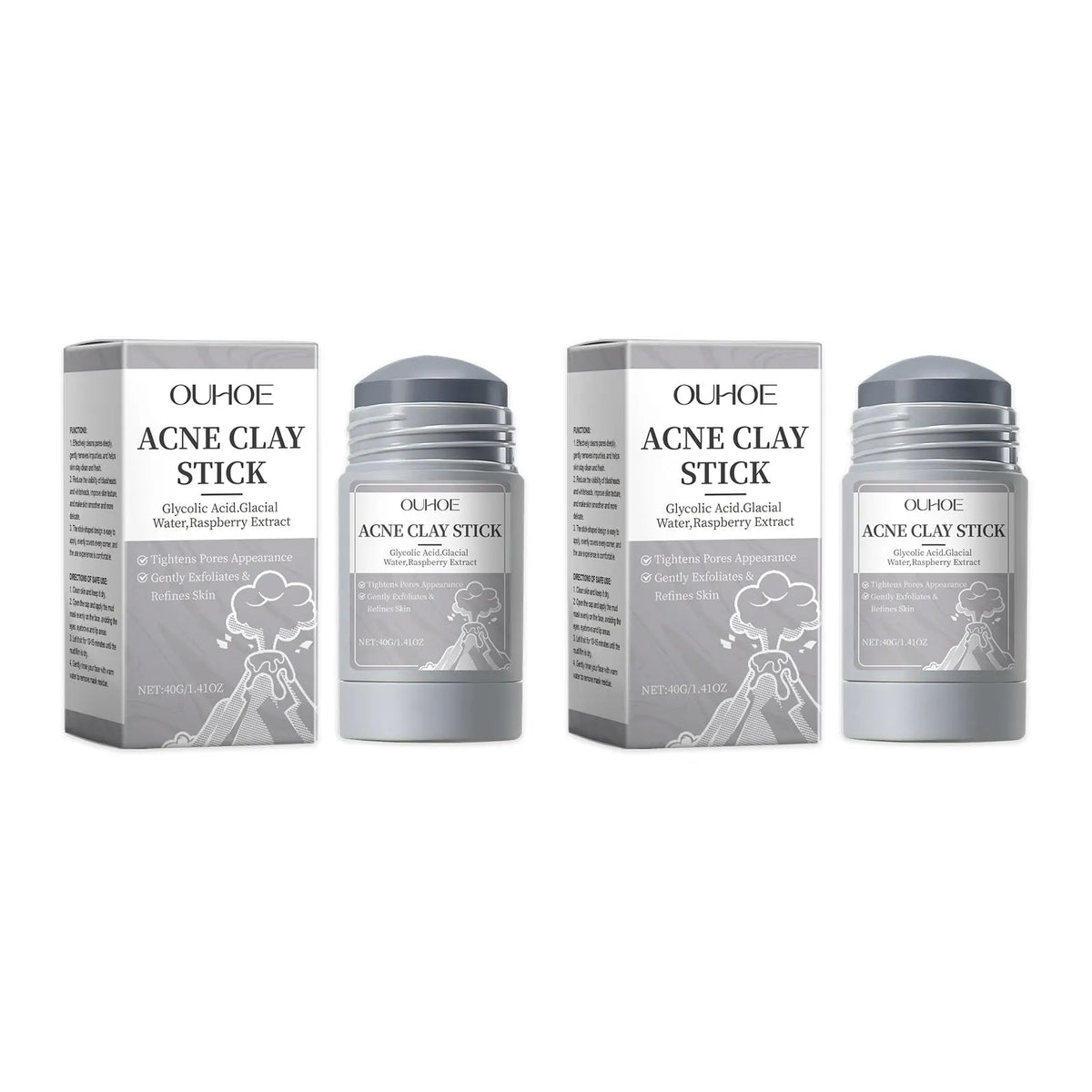 Acne clay stick 4-piece set with gray jars and white OUHOE boxes on Tampa Home & Garden Store