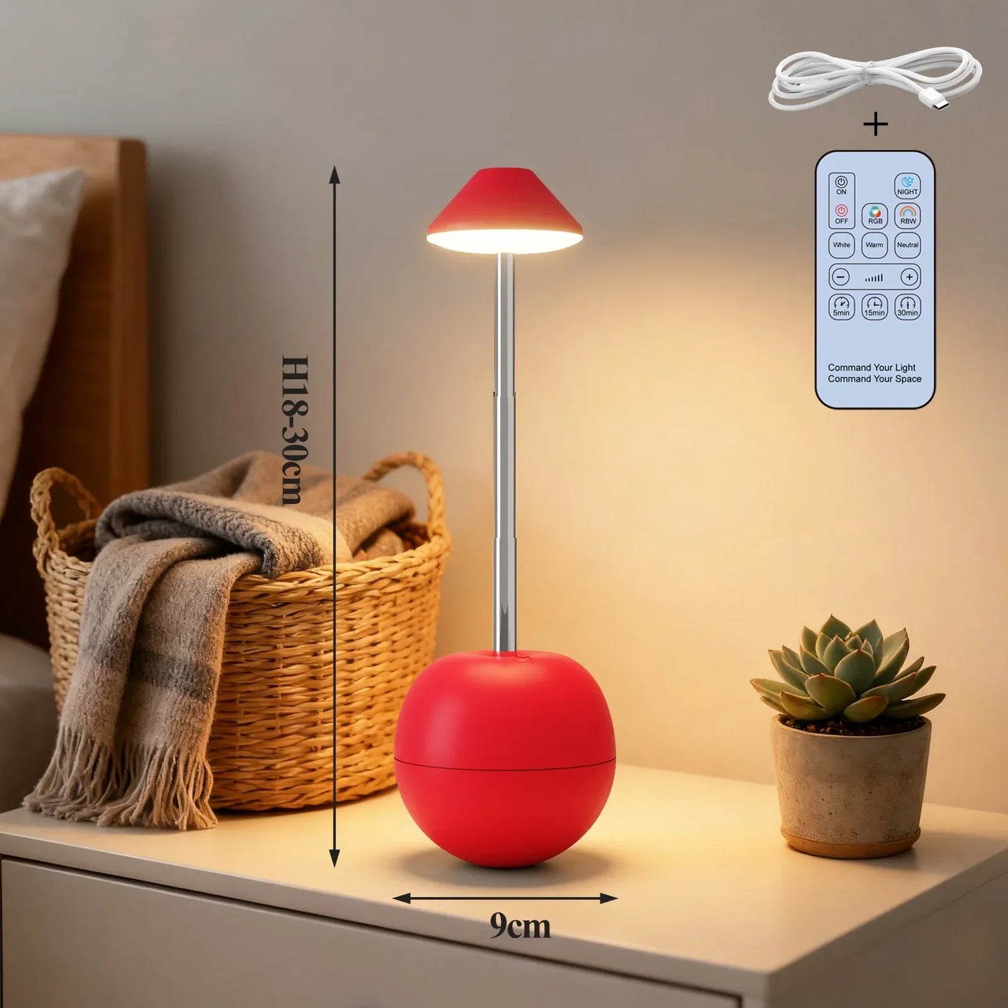 Perfecsy LED touch desk lamp with remote, RGB color, red spherical base, adjustable height on Tampa Home & Garden Store