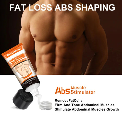 Abs Muscle Stimulator cream tube beside a sculpted torso with orange packaging on Tampa Home & Garden Store