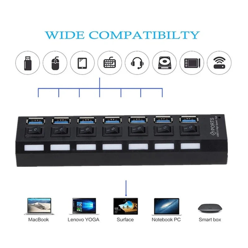 UpTrend Deals 7-Port USB 3.0 hub with power adapter, black enclosure and blue USB ports on top on Tampa Home & Garden Store