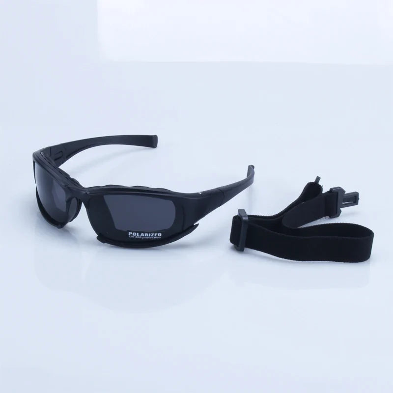 X7 Military Polarized Sunglasses with black frame, dark lenses, and detachable strap on Tampa Home & Garden Store