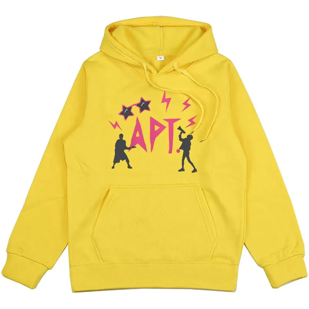 Unisex yellow hoodie with pink APT graphic, black silhouettes, stars and lightning bolts UpTrend Deals on Tampa Home & Garden Store