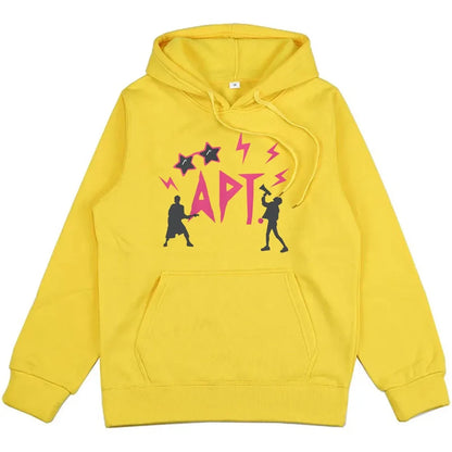 Unisex yellow hoodie with pink APT graphic, black silhouettes, stars and lightning bolts UpTrend Deals on Tampa Home & Garden Store